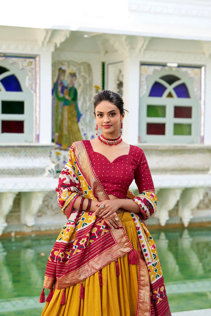 Mustard Tussar Silk Lehenga Choli With Patola Print And Foil Work