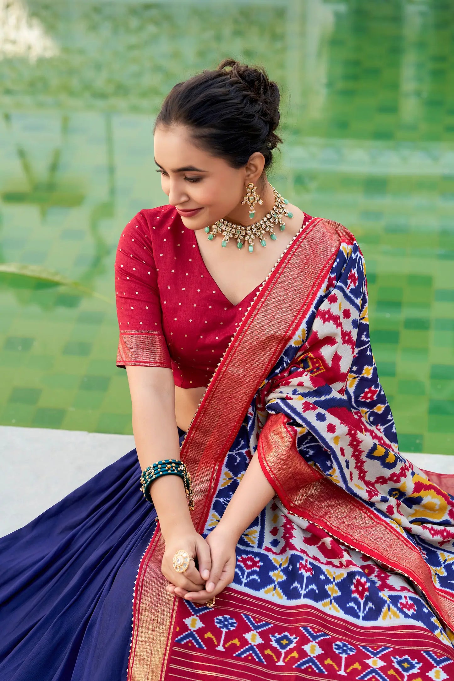 Navy Blue Tussar Silk Lehenga Choli With Patola Print And Foil Work