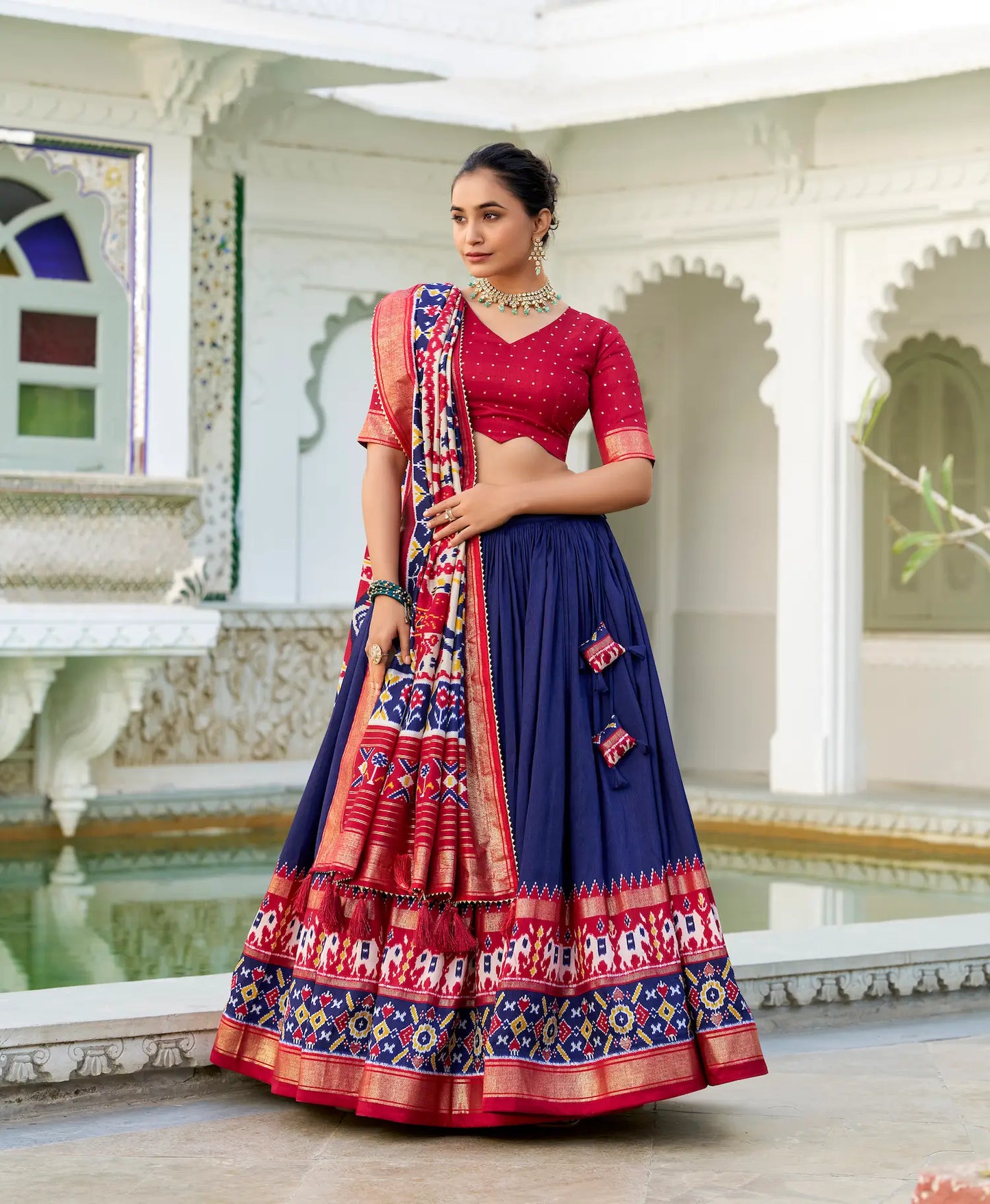 Navy Blue Tussar Silk Lehenga Choli With Patola Print And Foil Work