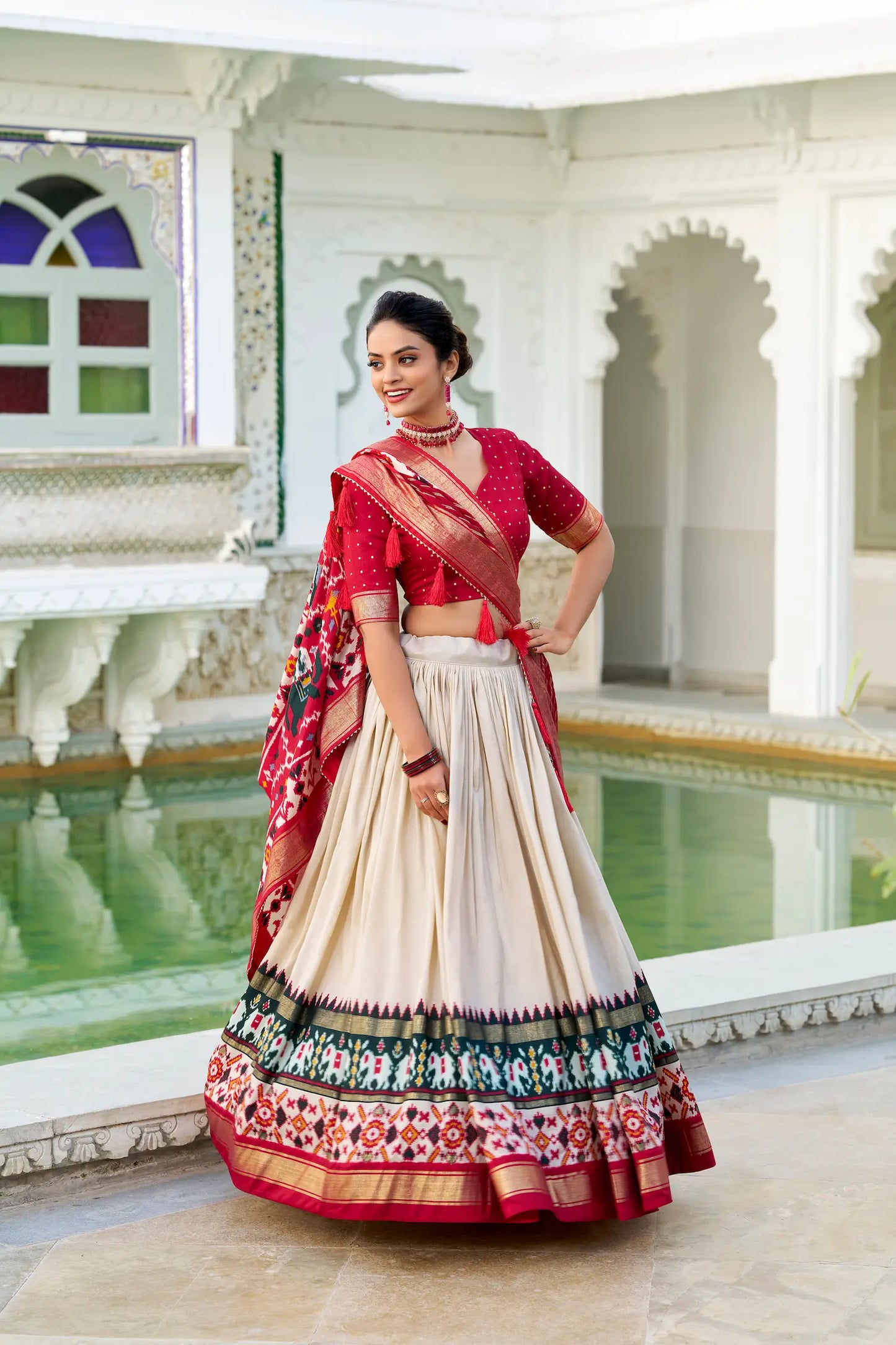 Beige Tussar Silk Lehenga Choli With Patola Print And Foil Work