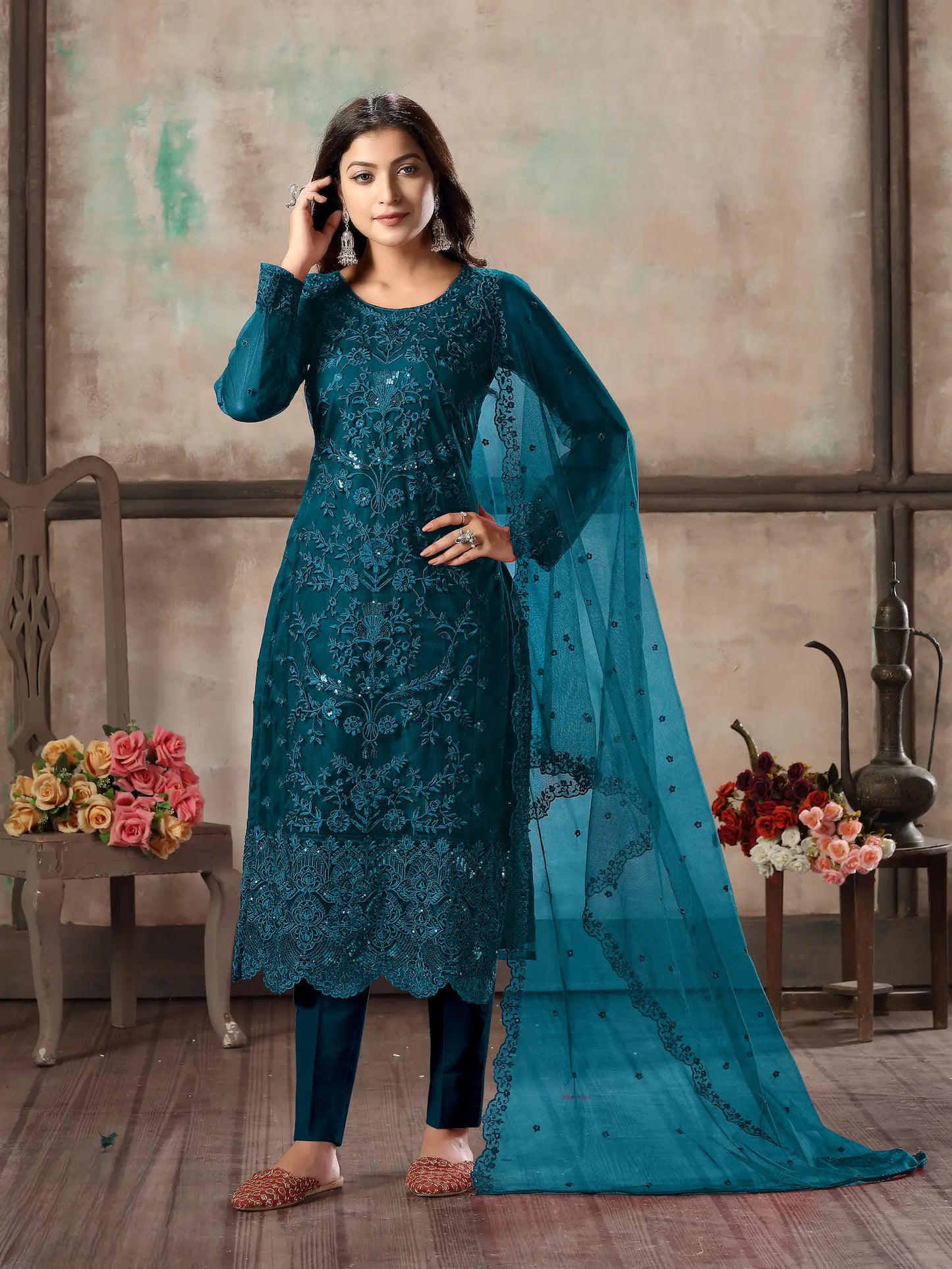 Teal Blue Net Salwar Suit With Thread & Sequence Embroidery Work