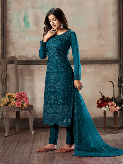 Teal Blue Net Salwar Suit With Thread & Sequence Embroidery Work