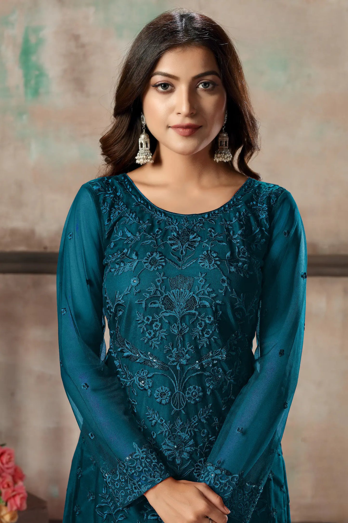 Teal Blue Net Salwar Suit With Thread & Sequence Embroidery Work