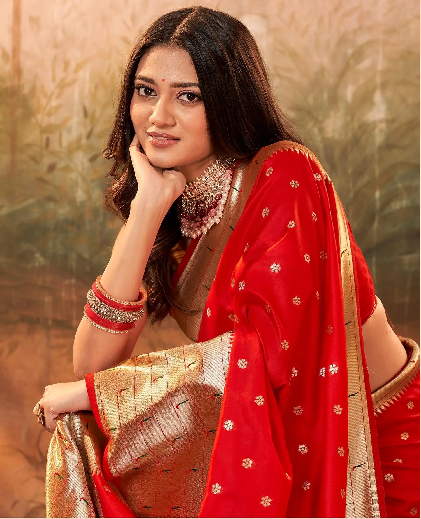 Red Paithani Silk Saree with Woven Border & Pallu