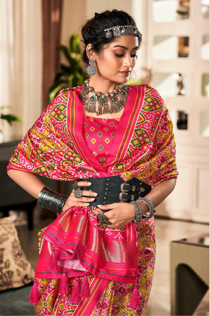 Pink Handloom Silk Saree with Patola Print & Tassel Pallu