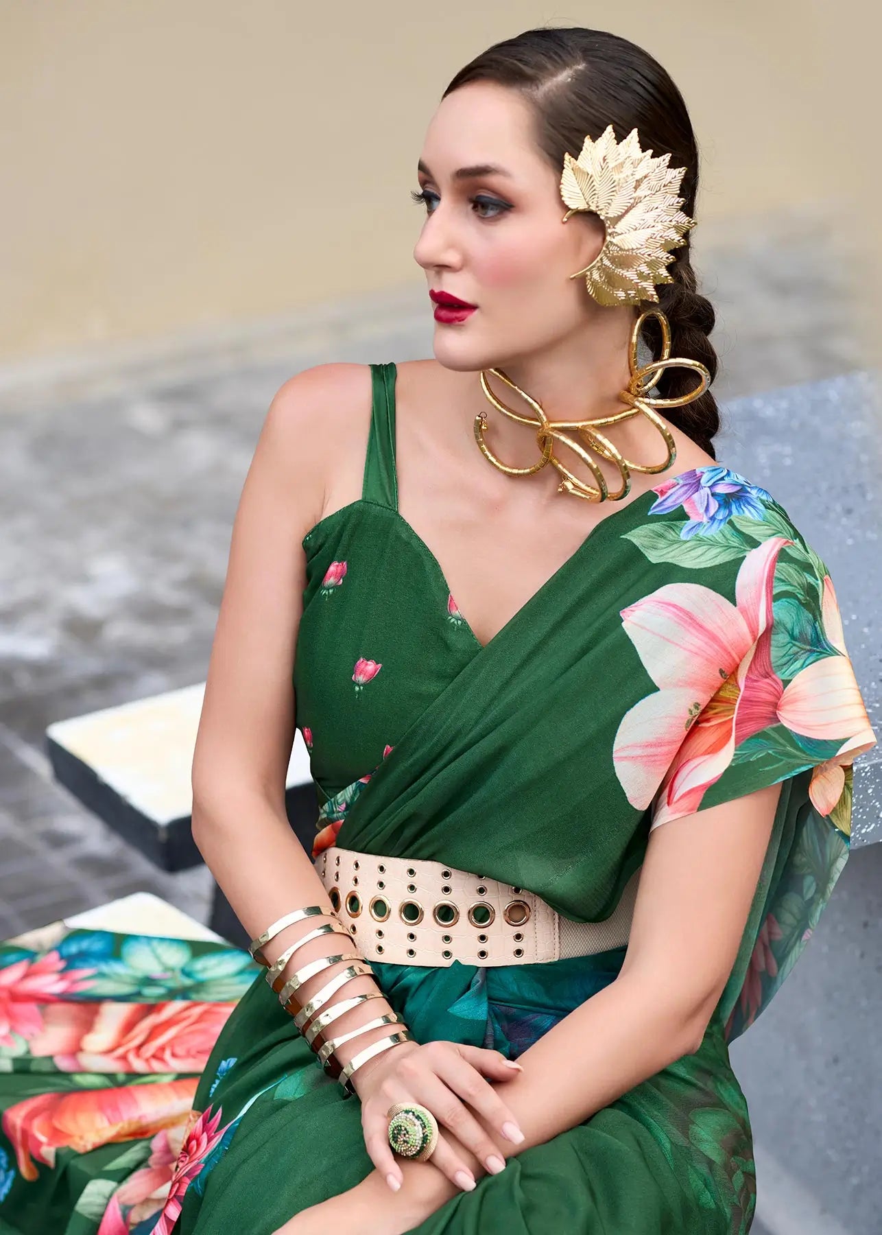 Dark Green Georgette Saree with Exclusive Print