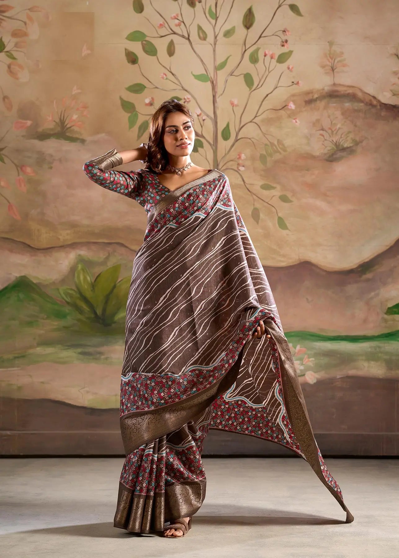 Brown Dola Silk Printed Saree With Zari Border