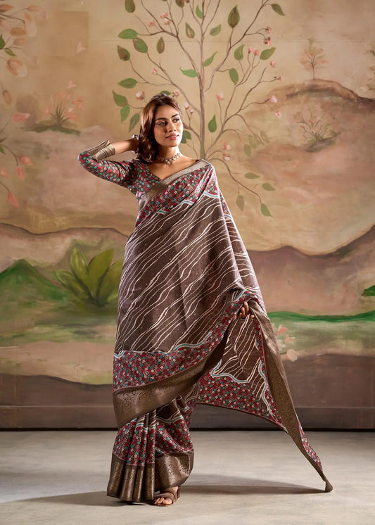 Brown Dola Silk Printed Saree With Zari Border