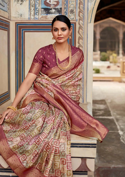 Multi Color Handloom Silk Saree  With Digital Print Zari Border