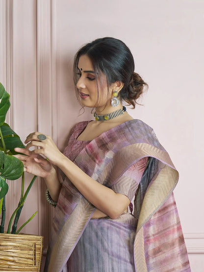 MultiColor Handloom Khadi Silk Saree with Digital Print & Zari  Border