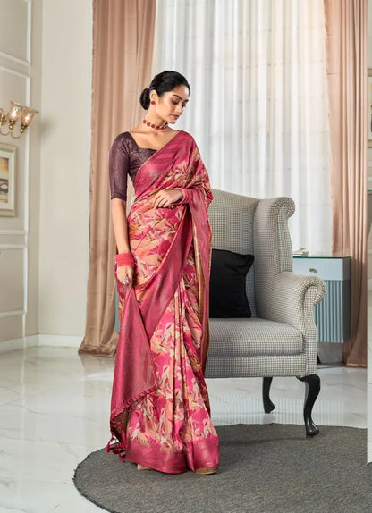 Rose pink Handloom Silk Saree With Digital Print With  Big Zari Border