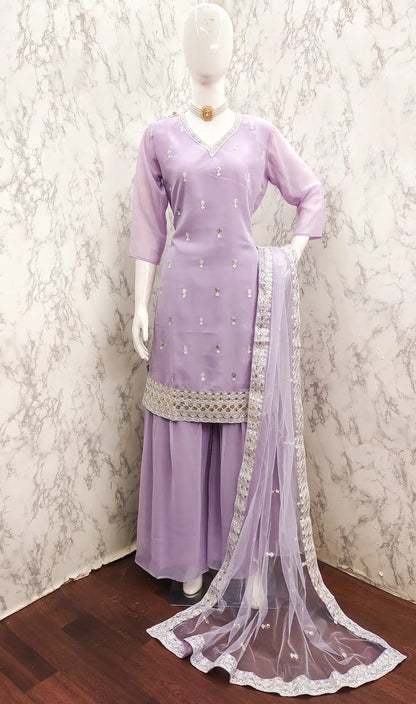 Lavender Georgette Salwar Suit With Sequence Embroidery Work