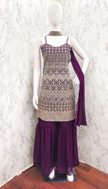 Wine Georgette Sequence Embroidery Work Salwar Suit