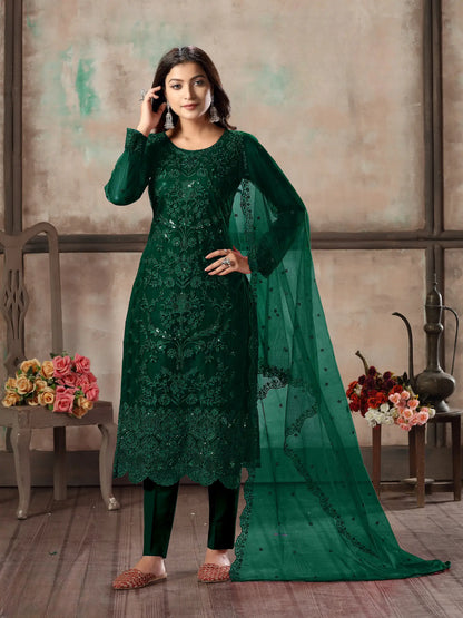 Green Net Salwar Suit With Thread & Sequence Embroidery Work