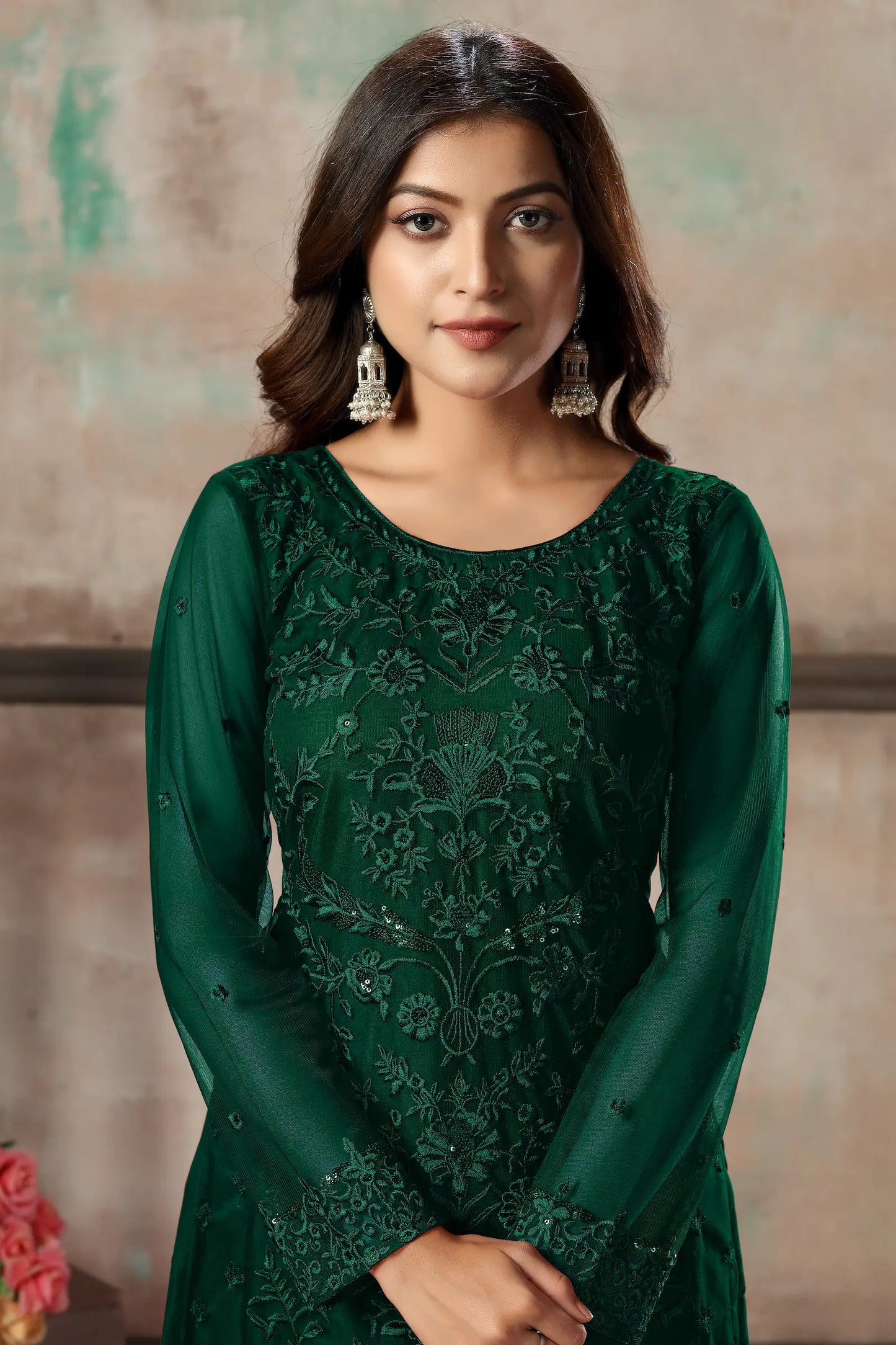 Green Net Salwar Suit With Thread & Sequence Embroidery Work