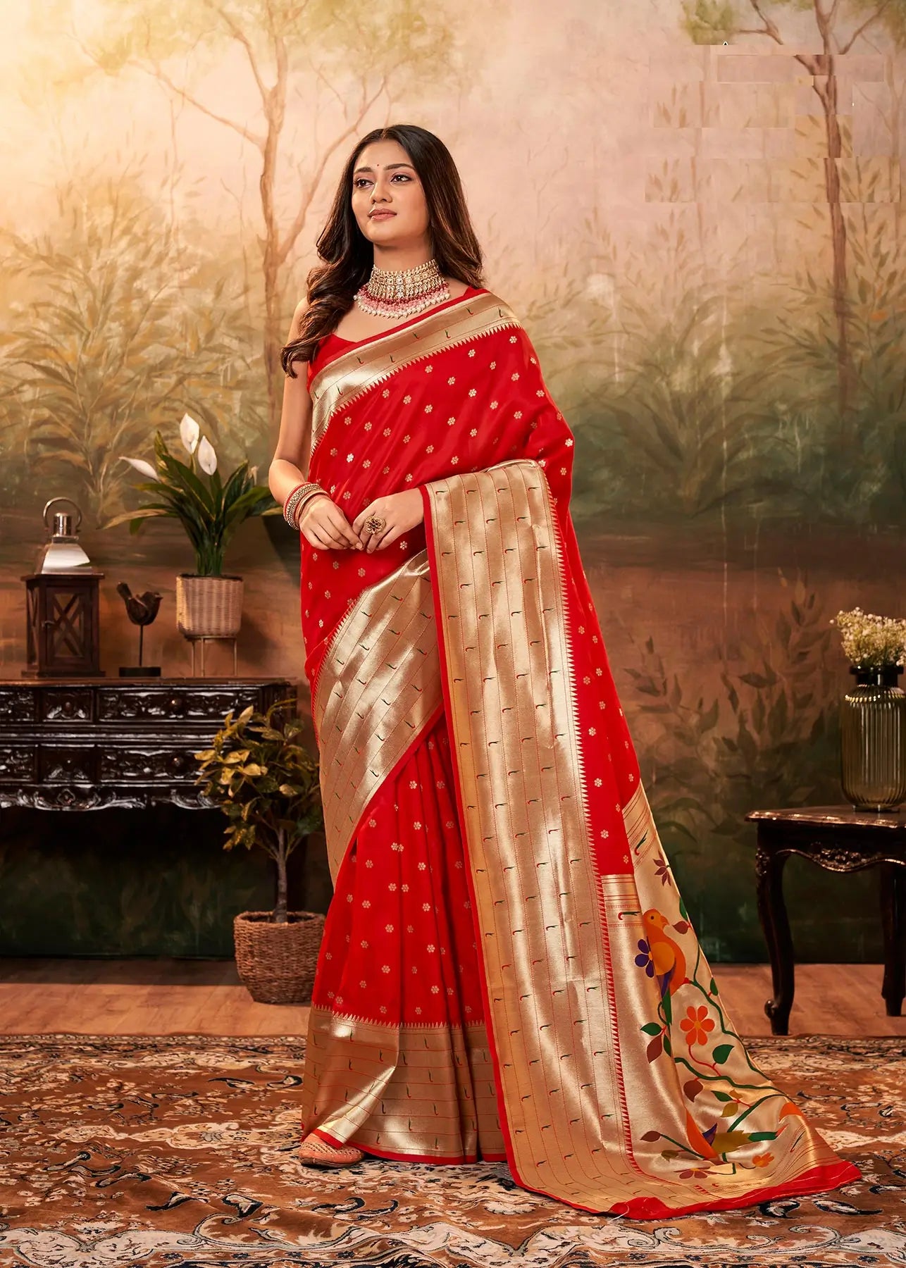 Orange Paithani Silk Saree with Woven Border & Pallu