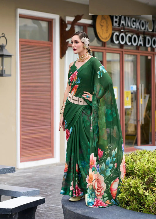 Dark Green Georgette Saree with Exclusive Print