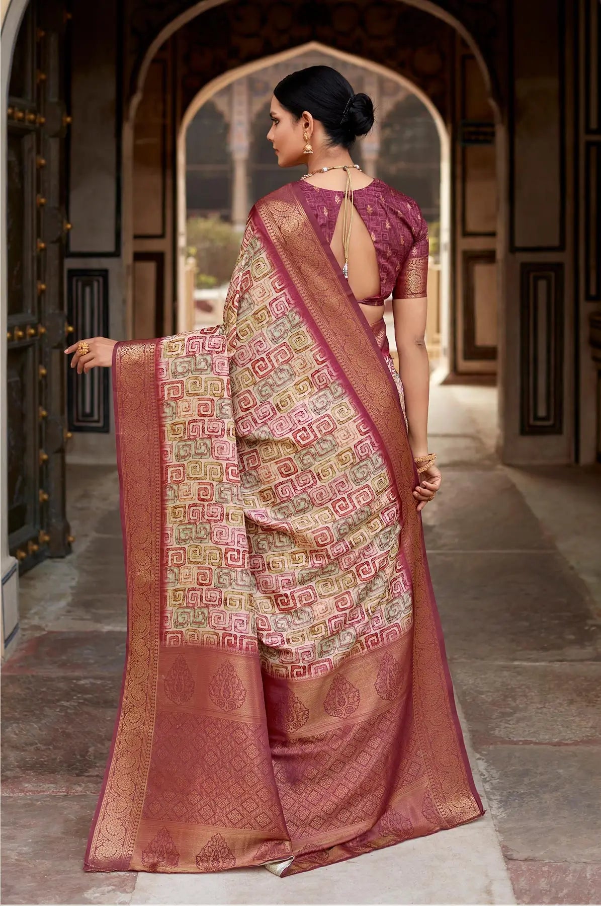 Multi Color Handloom Silk Saree  With Digital Print Zari Border