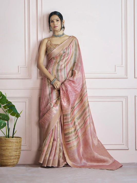 Pink Handloom Khadi Silk Saree with Digital Print & Zari  Border