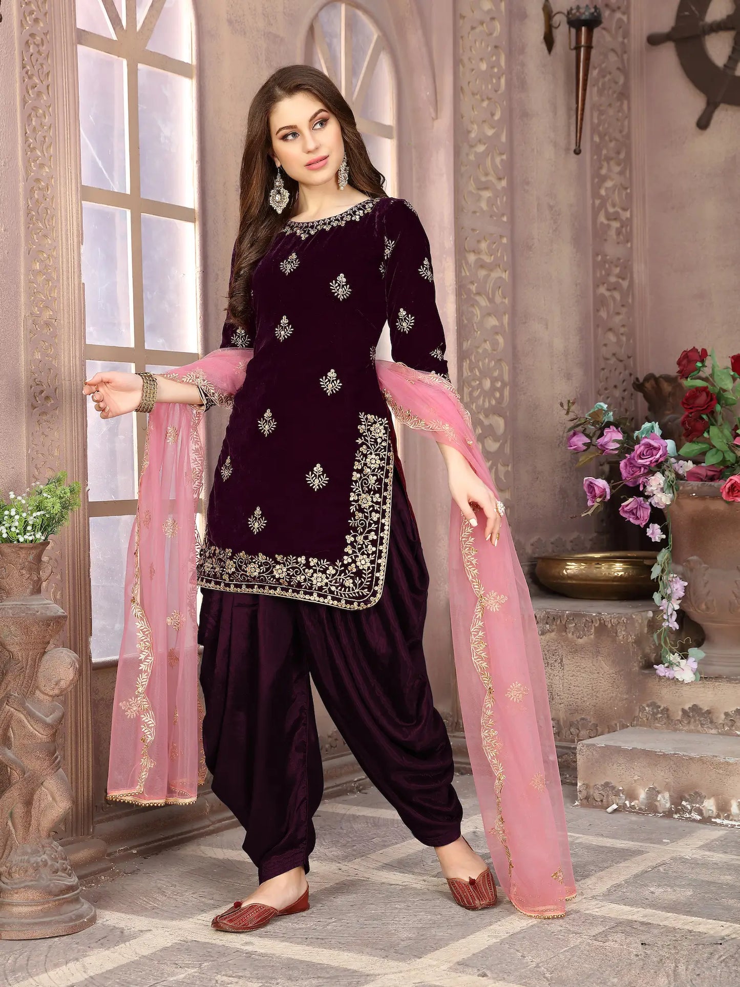 Wine Velvet Thread & Sequence Embroidery Work Salwar Suit