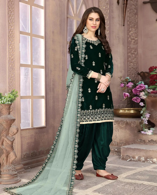 Green Velvet Thread & Sequence Embroidery Work Salwar Suit
