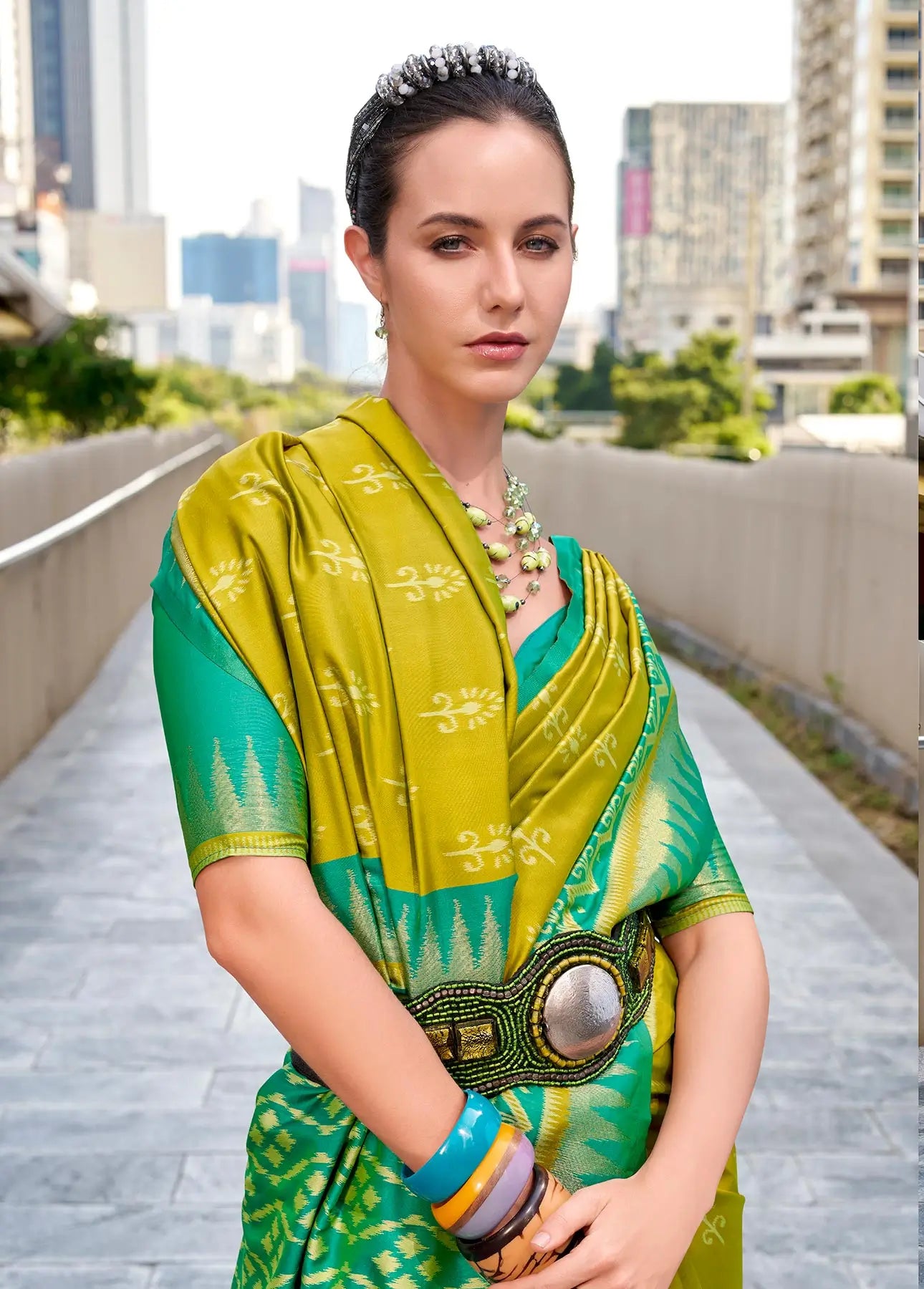 Yellow Soft Silk Temple Border Saree with  Zari Weaving