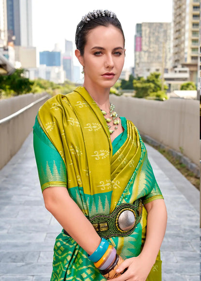 Yellow Soft Silk Temple Border Saree with  Zari Weaving