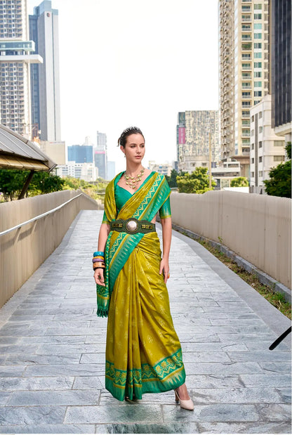 Yellow Soft Silk Temple Border Saree with  Zari Weaving