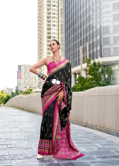 Black Soft Silk Temple Border Saree with  Zari Weaving