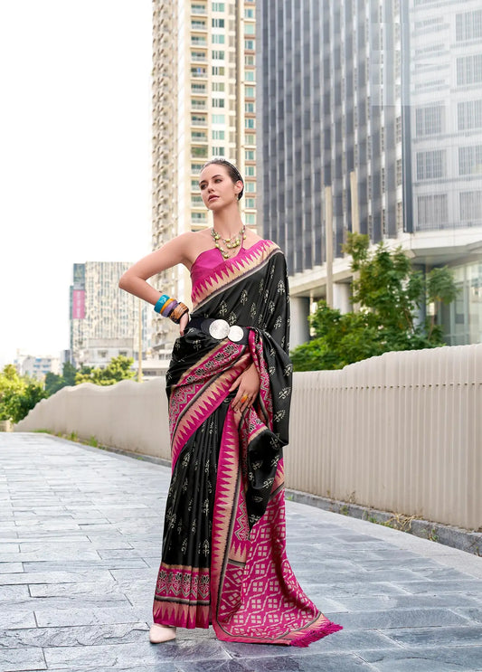 Black Soft Silk Temple Border Saree with  Zari Weaving