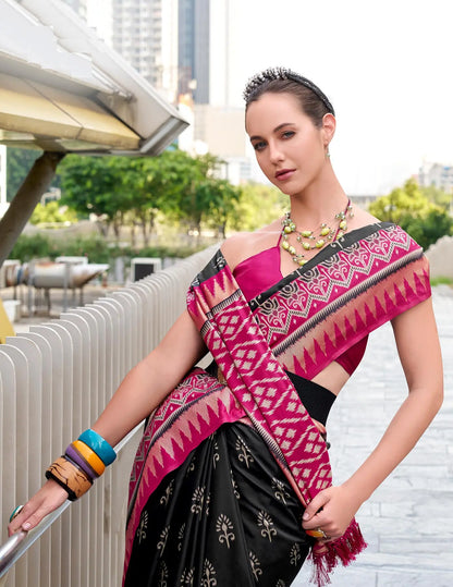 Black Soft Silk Temple Border Saree with  Zari Weaving