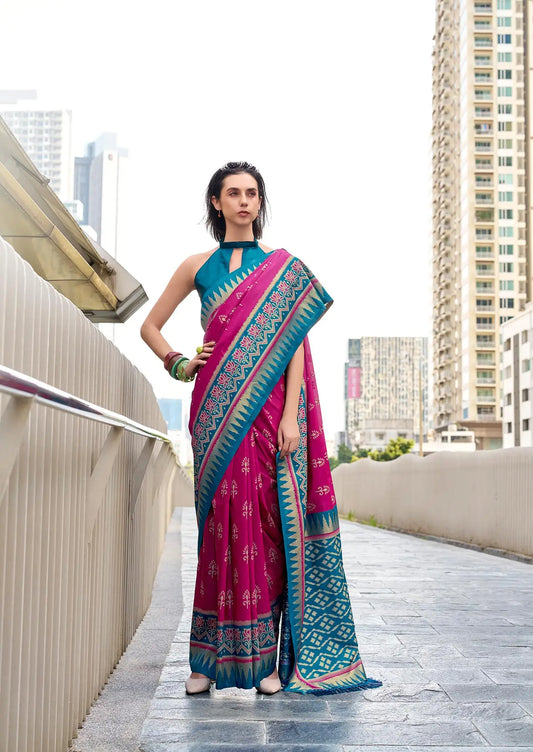Pink Soft Silk Temple Border Saree with  Zari Weaving