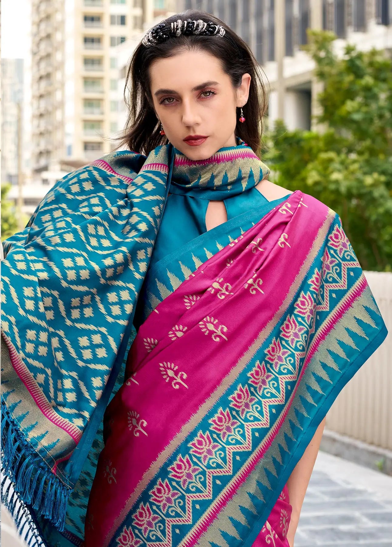 Pink Soft Silk Temple Border Saree with  Zari Weaving