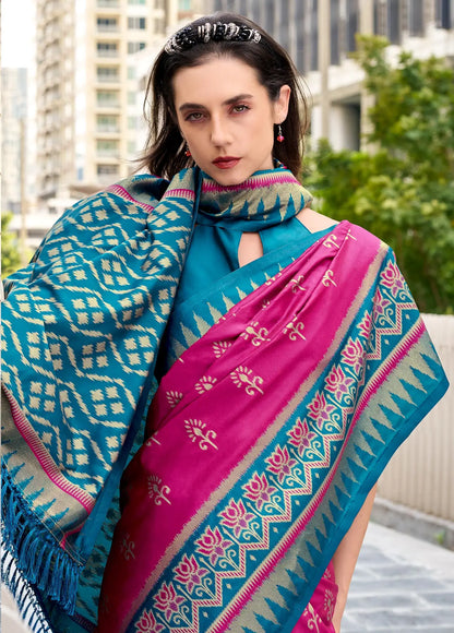Pink Soft Silk Temple Border Saree with  Zari Weaving