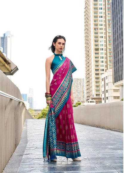 Pink Soft Silk Temple Border Saree with  Zari Weaving