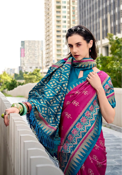 Pink Soft Silk Temple Border Saree with  Zari Weaving