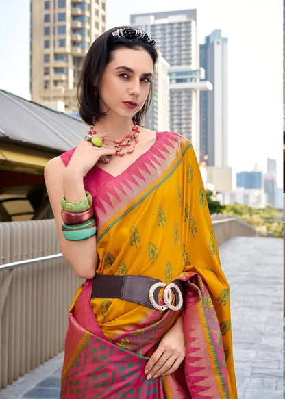 Mustard Yellow Soft Silk Temple Border Saree with  Zari Weaving