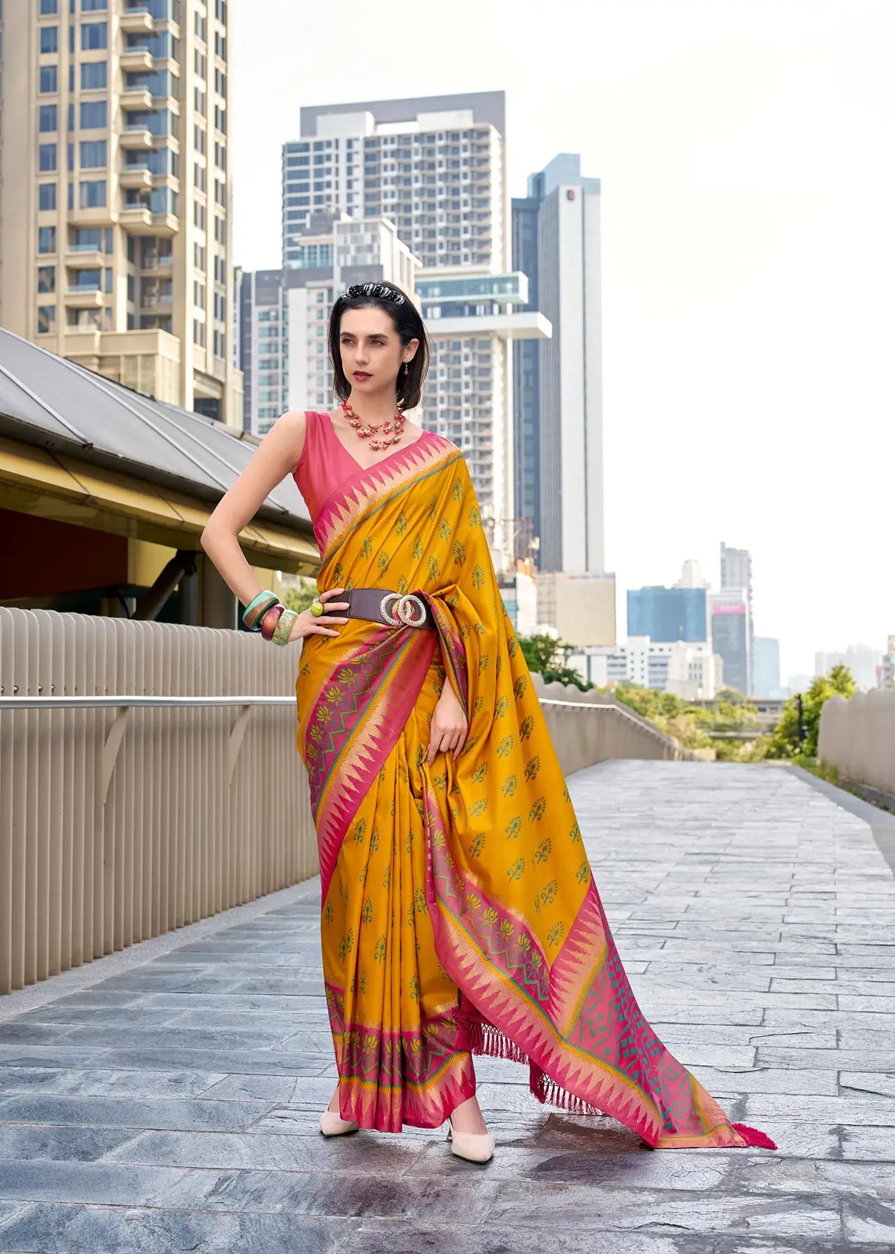 Mustard Yellow Soft Silk Temple Border Saree with  Zari Weaving