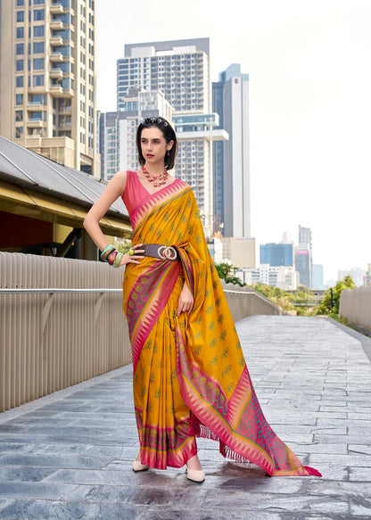 Mustard Yellow Soft Silk Temple Border Saree with  Zari Weaving