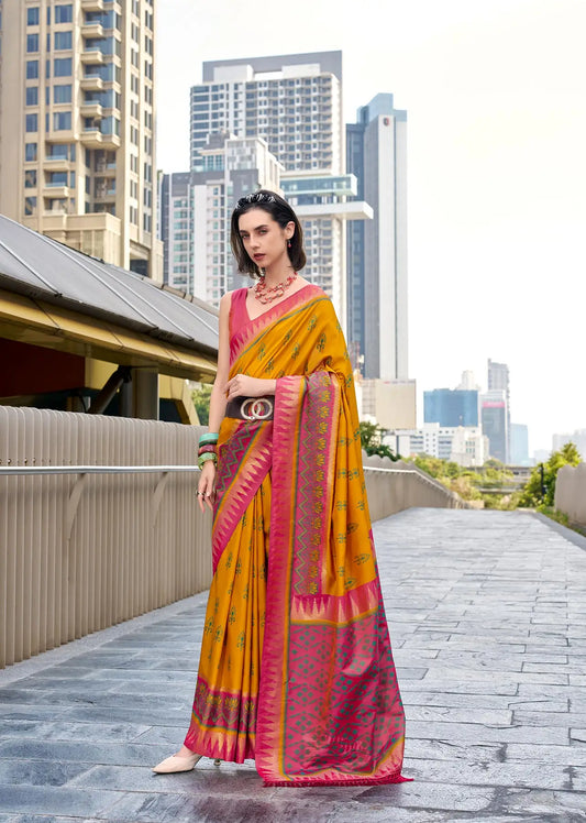 Mustard Yellow Soft Silk Temple Border Saree with  Zari Weaving