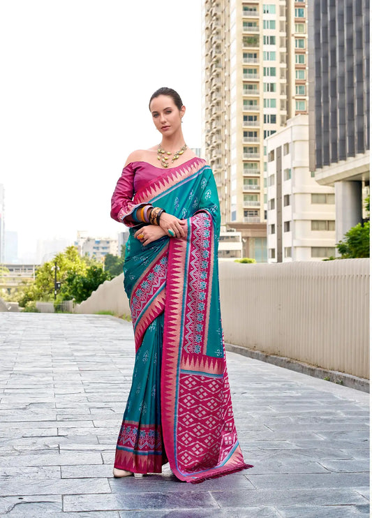Teal Blue Soft Silk Temple Border Saree with  Zari Weaving