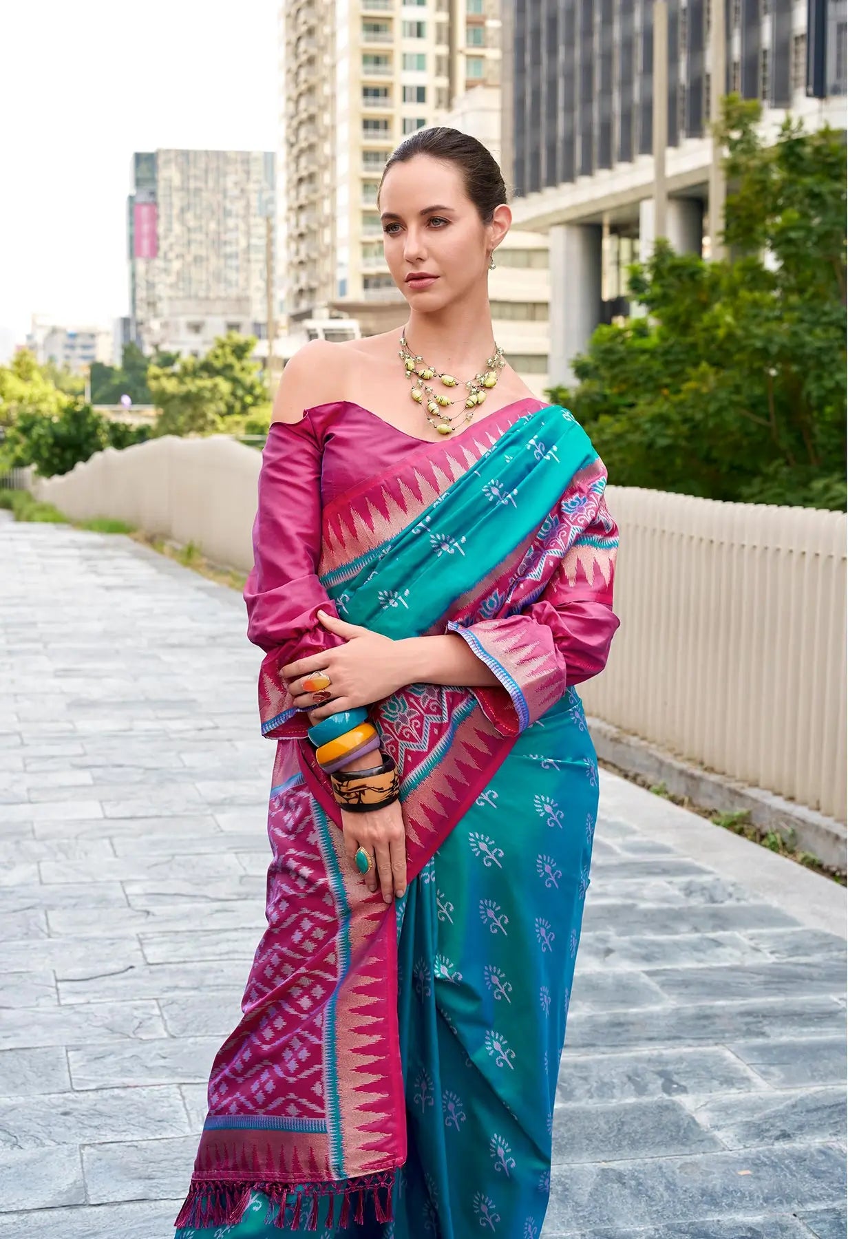 Teal Blue Soft Silk Temple Border Saree with  Zari Weaving