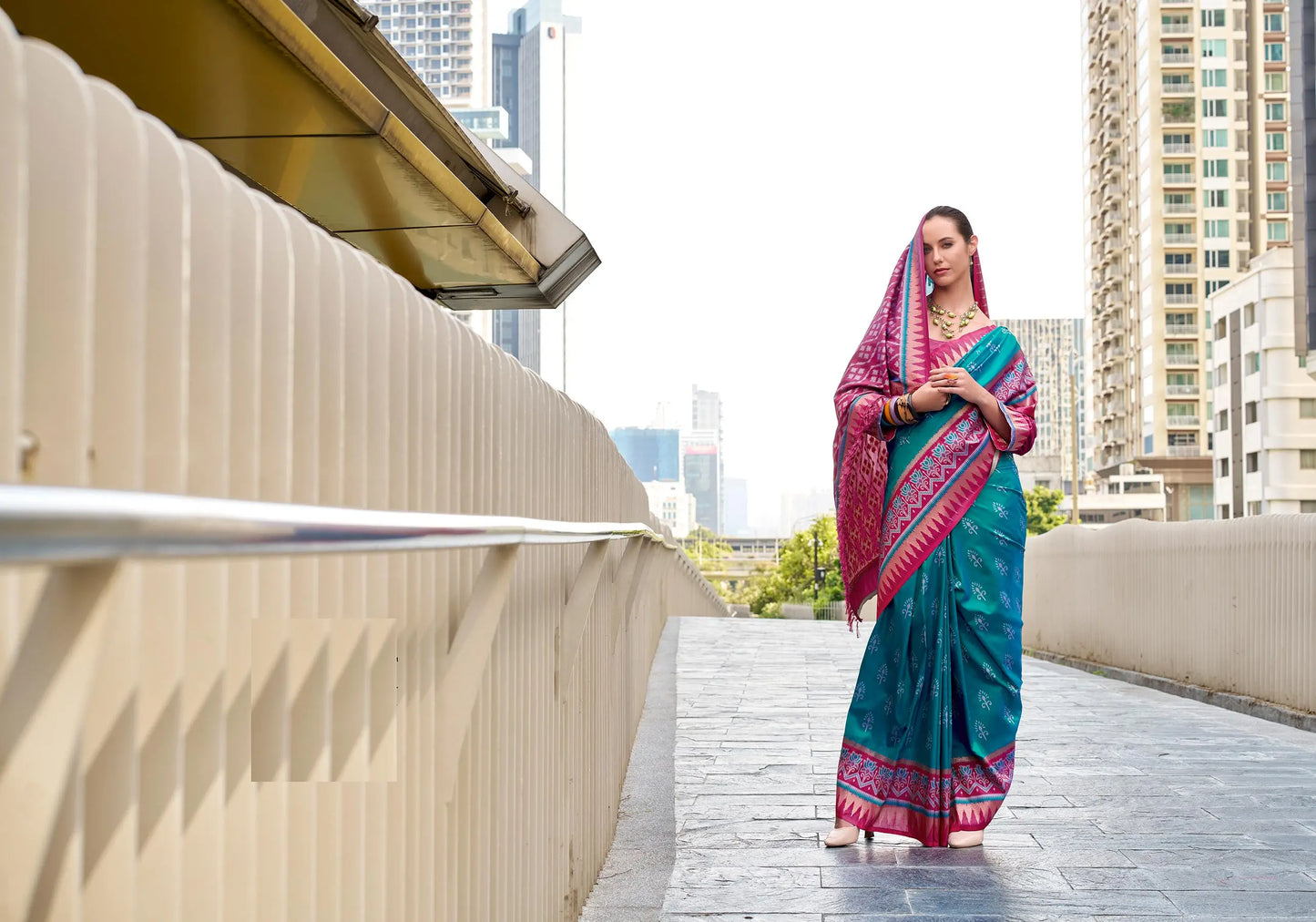 Teal Blue Soft Silk Temple Border Saree with  Zari Weaving