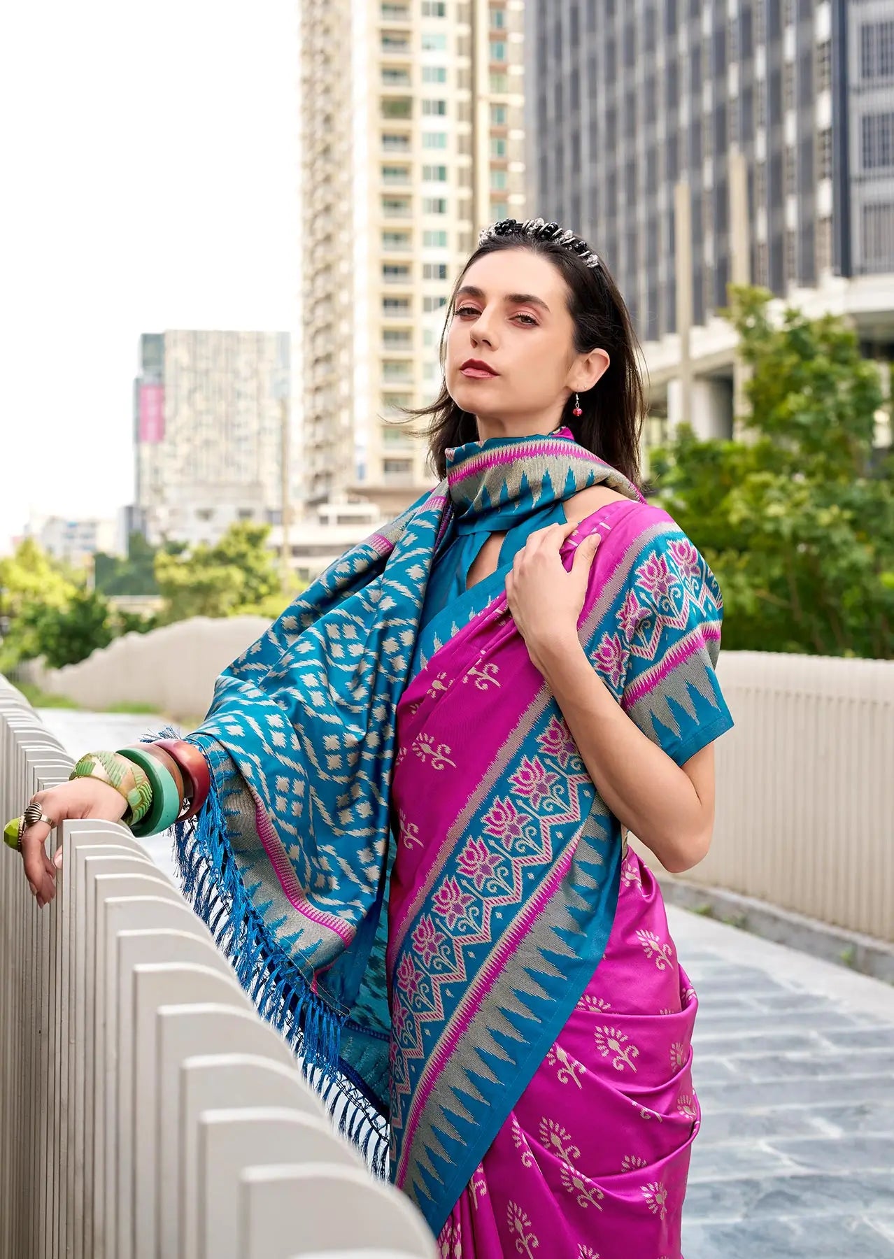 Dark Pink Soft Silk Temple Border Saree with  Zari Weaving
