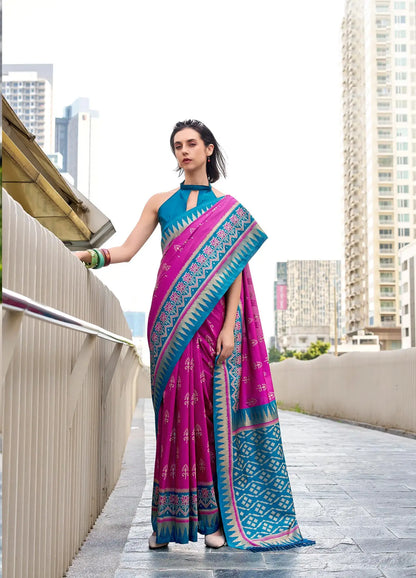 Dark Pink Soft Silk Temple Border Saree with  Zari Weaving