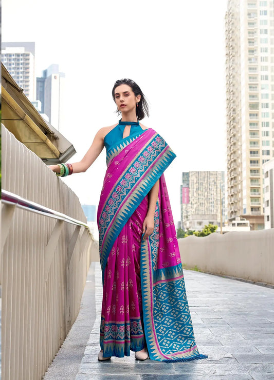 Dark Pink Soft Silk Temple Border Saree with  Zari Weaving