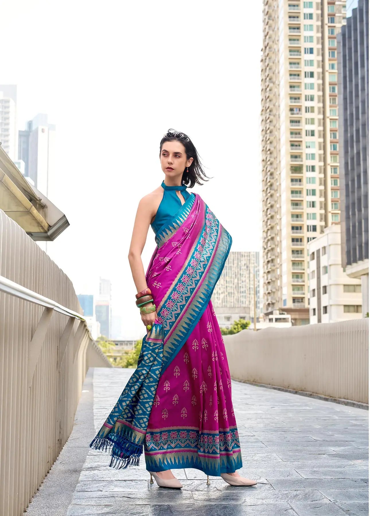 Dark Pink Soft Silk Temple Border Saree with  Zari Weaving