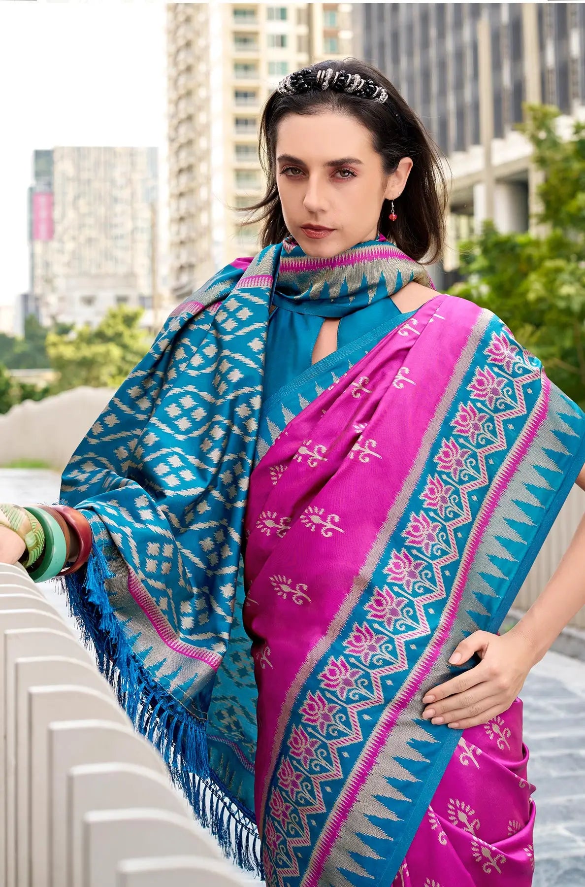 Dark Pink Soft Silk Temple Border Saree with  Zari Weaving