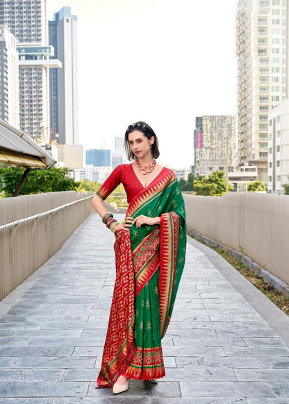 Green  Soft Silk Temple Border Saree with  Zari Weaving