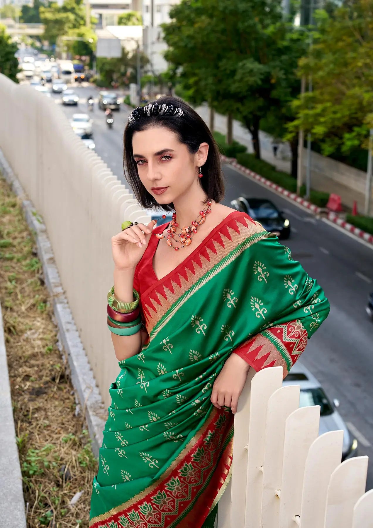 Green  Soft Silk Temple Border Saree with  Zari Weaving